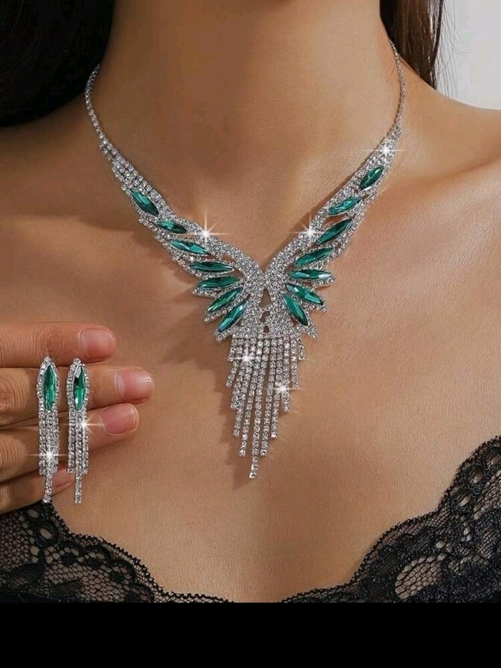 Emerald Teardrop Fringe Crystal Necklace & Earrings Set